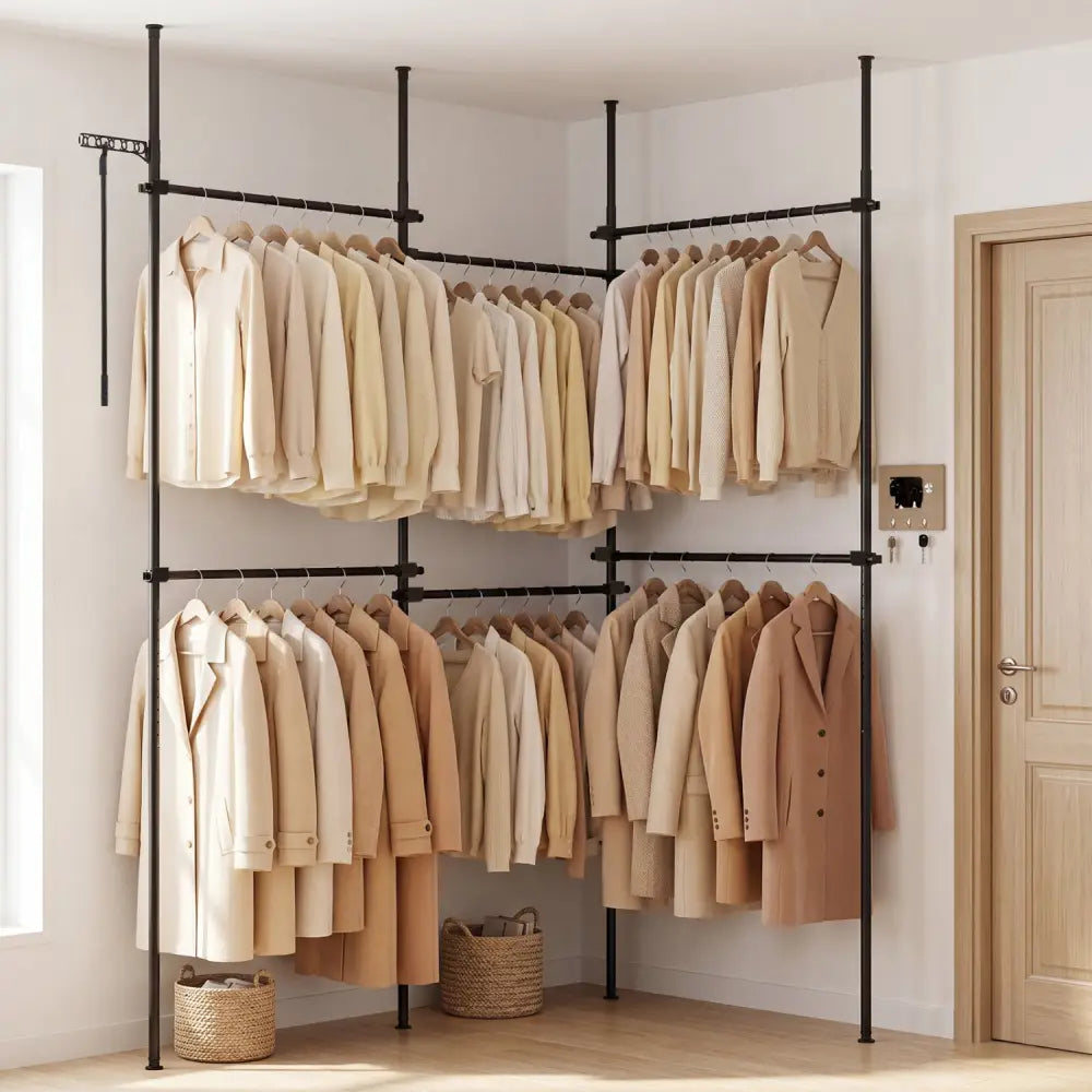 Adjustable Floor to Ceiling Clothes Rack with 6 Hanging Rods-Black - Black - Coat Racks & Hall Trees