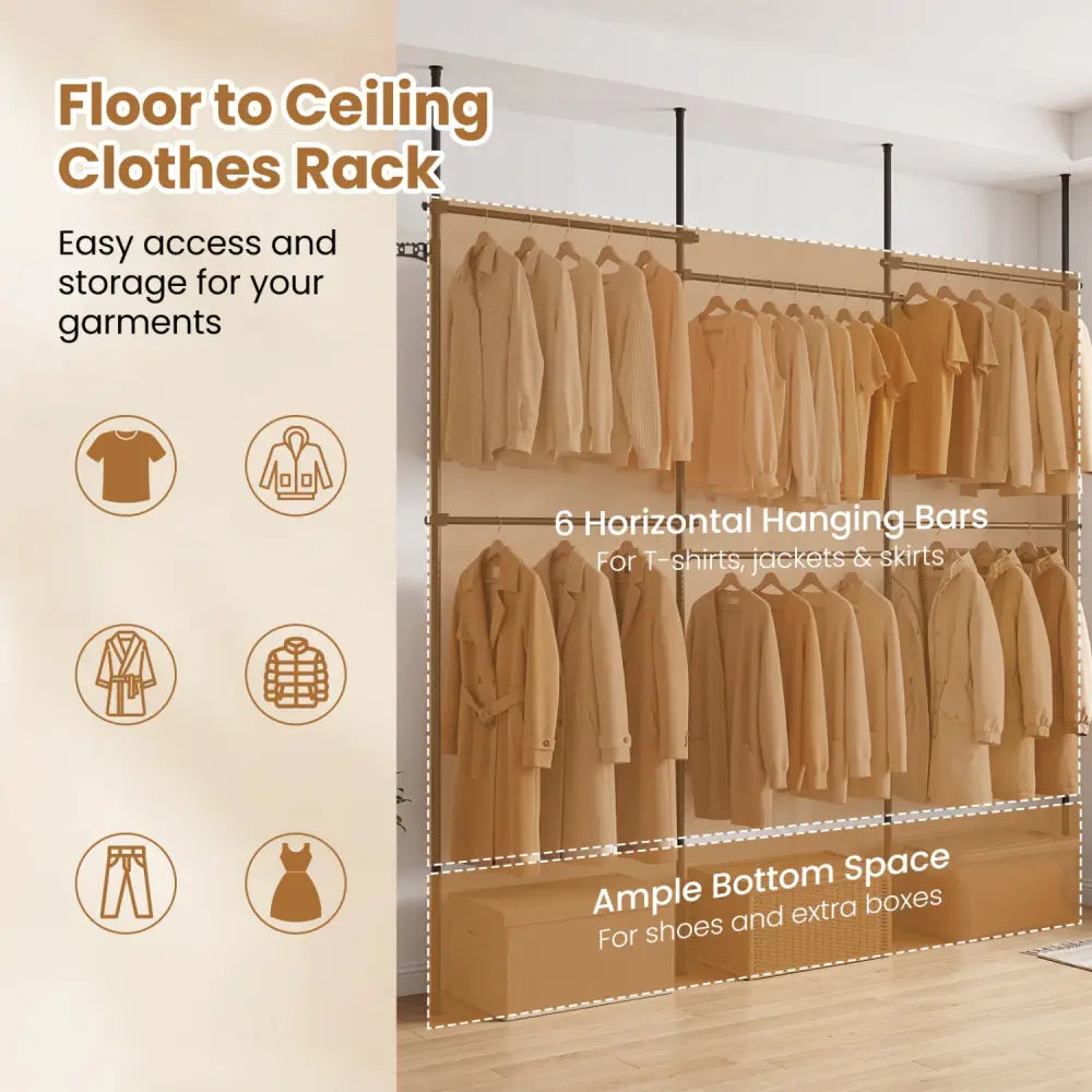 Adjustable Floor to Ceiling Clothes Rack with 6 Hanging Rods-Black - Black - Coat Racks & Hall Trees