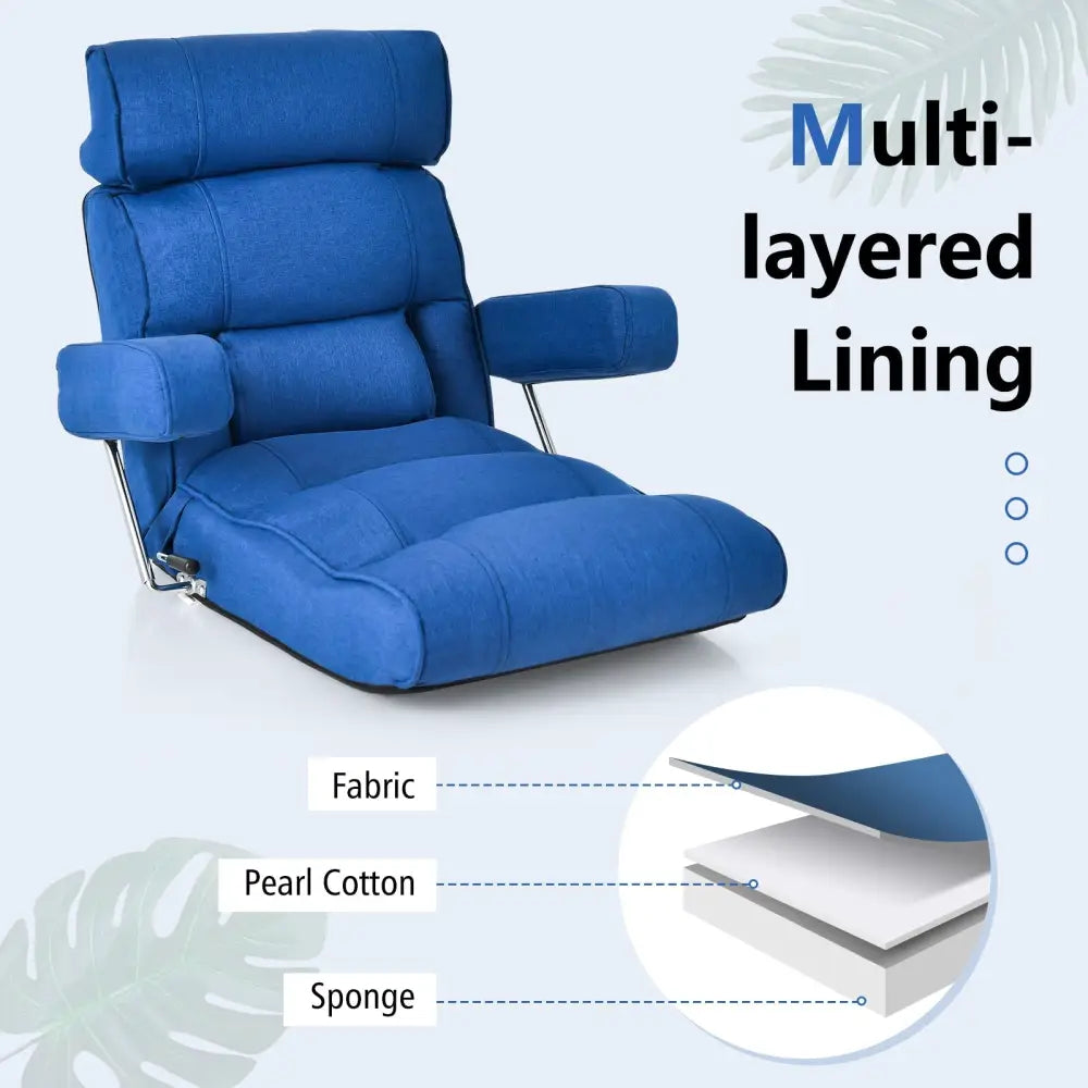 Adjustable Folding Sofa Chair with 6 Position Stepless Back-Blue - Blue - Floor Chairs