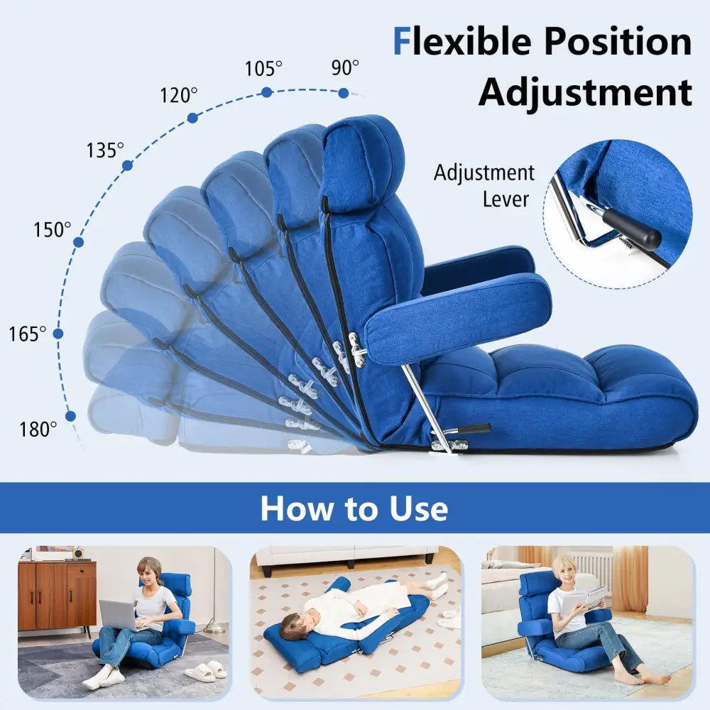 Adjustable Folding Sofa Chair with 6 Position Stepless Back-Blue - Blue - Floor Chairs