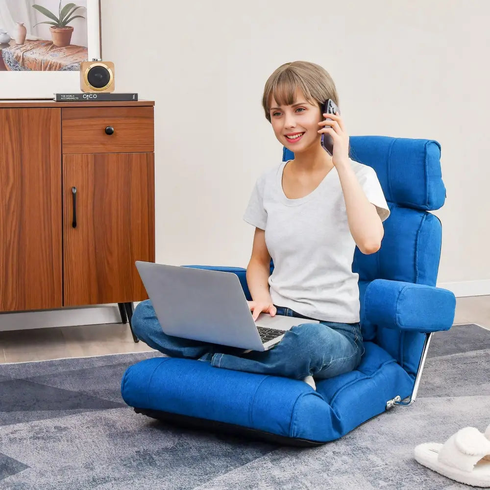 Adjustable Folding Sofa Chair with 6 Position Stepless Back-Blue - Blue - Floor Chairs