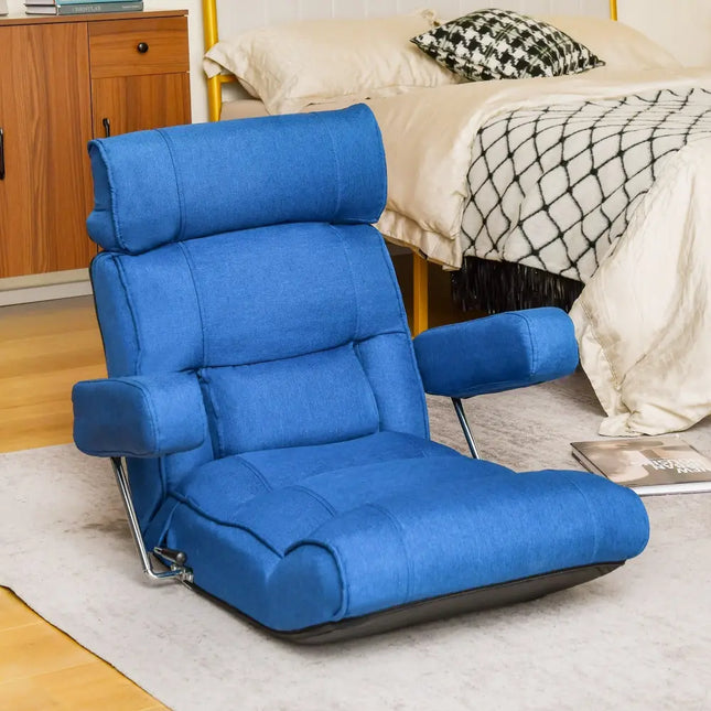 Adjustable Folding Sofa Chair with 6 Position Stepless Back-Blue - Blue - Floor Chairs