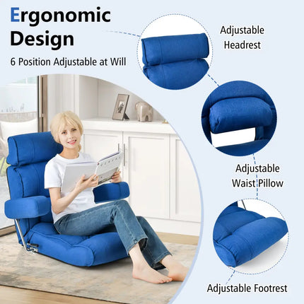 Adjustable Folding Sofa Chair with 6 Position Stepless Back-Blue - Blue - Floor Chairs