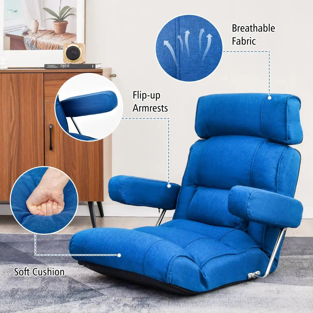 Adjustable Folding Sofa Chair with 6 Position Stepless Back-Blue - Blue - Floor Chairs