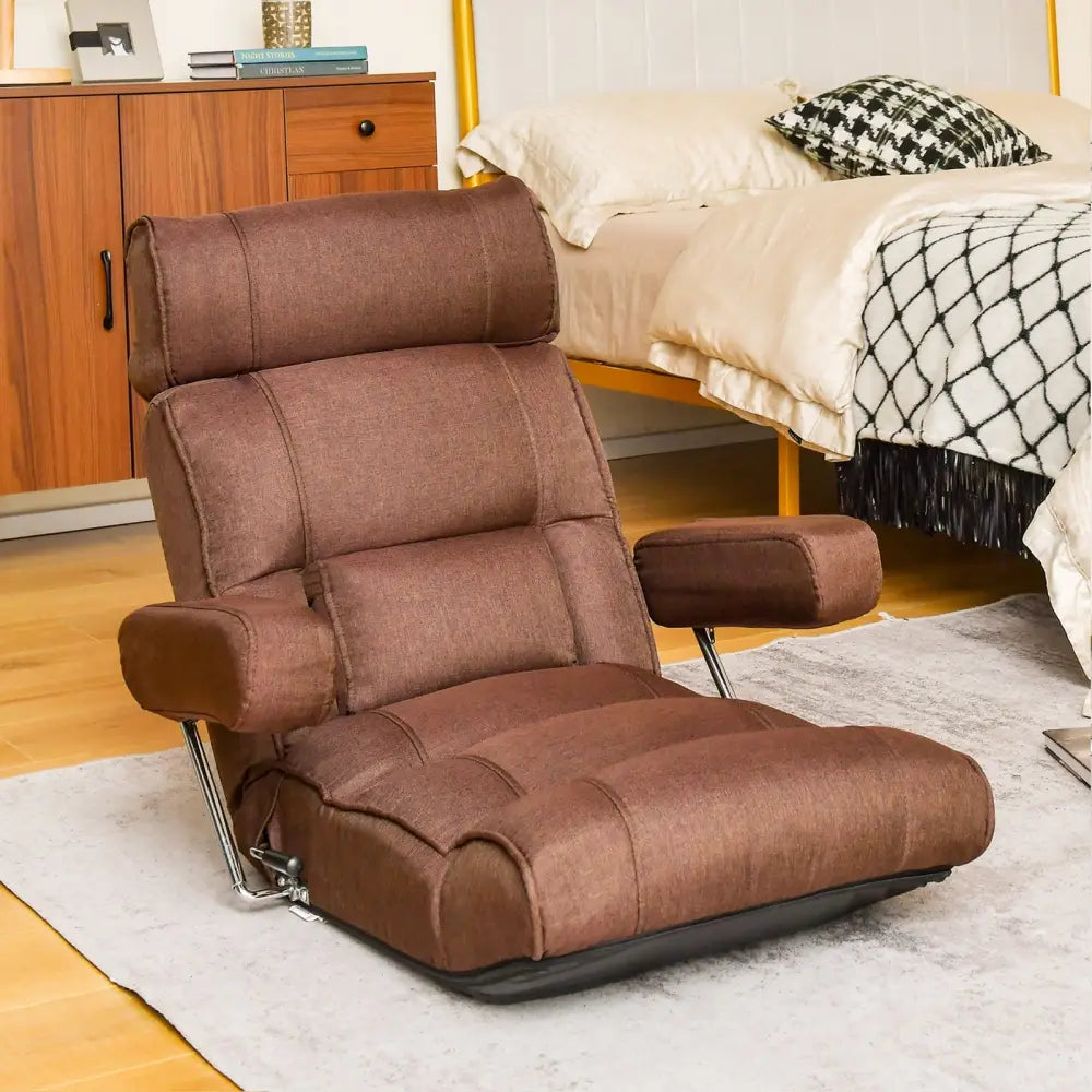 Adjustable Folding Sofa Chair with 6 Position Stepless Back-Brown - Brown - Floor Chairs