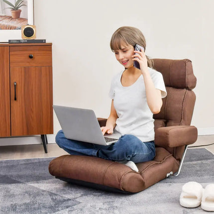 Adjustable Folding Sofa Chair with 6 Position Stepless Back-Brown - Brown - Floor Chairs