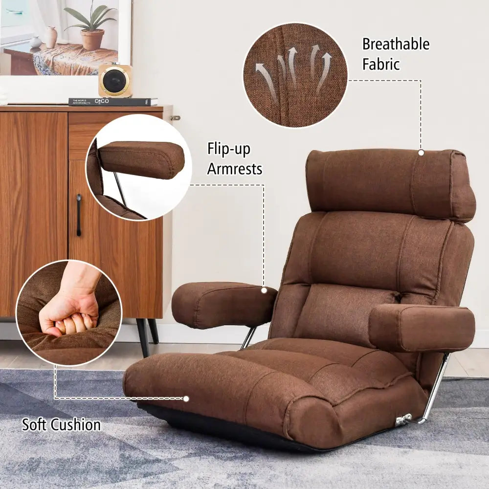 Adjustable Folding Sofa Chair with 6 Position Stepless Back-Brown - Brown - Floor Chairs