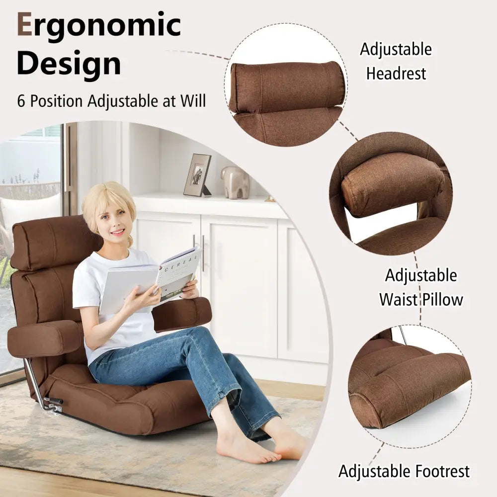 Adjustable Folding Sofa Chair with 6 Position Stepless Back-Brown - Brown - Floor Chairs