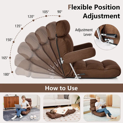 Adjustable Folding Sofa Chair with 6 Position Stepless Back-Brown - Brown - Floor Chairs