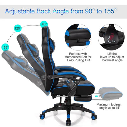 Adjustable Gaming Chair with Footrest for Home Office-Blue - Blue - Home Office