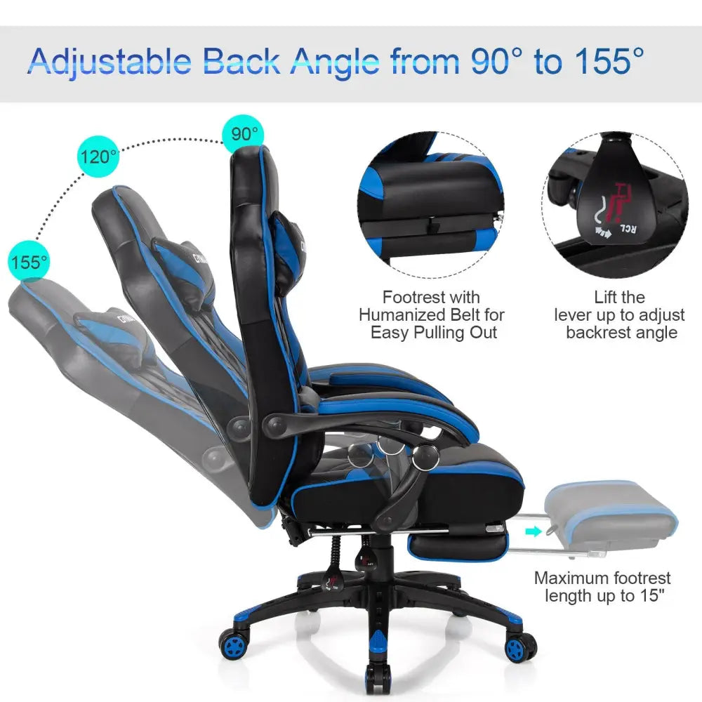 Adjustable Gaming Chair with Footrest for Home Office-Blue - Blue - Gaming Chairs