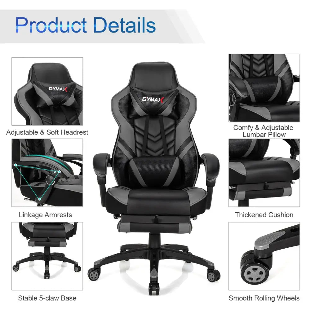 Adjustable Gaming Chair with Footrest for Home Office-Gray - Gray - Gaming Chairs