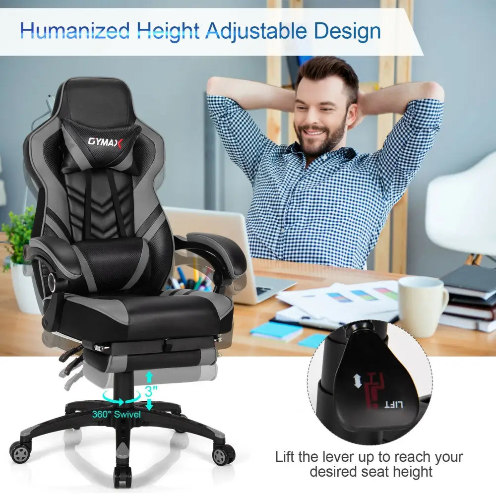 Adjustable Gaming Chair with Footrest for Home Office-Gray - Gray - Gaming Chairs