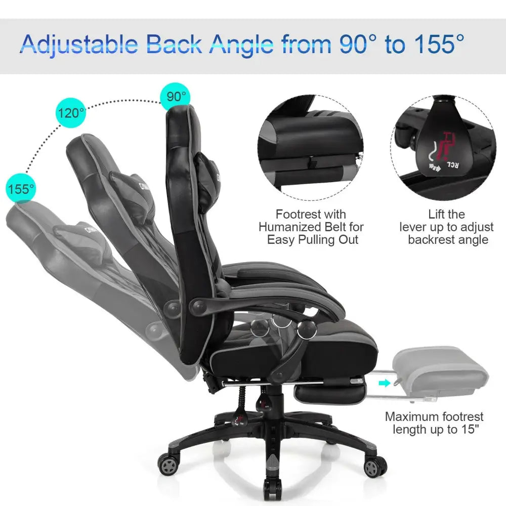 Adjustable Gaming Chair with Footrest for Home Office-Gray - Gray - Gaming Chairs