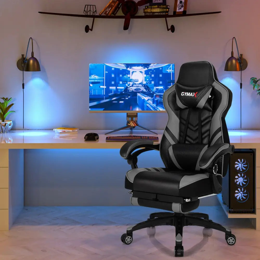 Adjustable Gaming Chair with Footrest for Home Office-Gray - Gray - Gaming Chairs