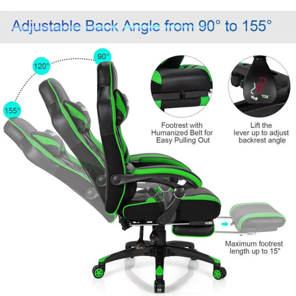 Adjustable Gaming Chair with Footrest for Home Office-Green - Green - Home Office
