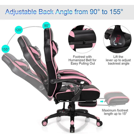 Adjustable Gaming Chair with Footrest for Home Office-Pink - Pink - Home Office