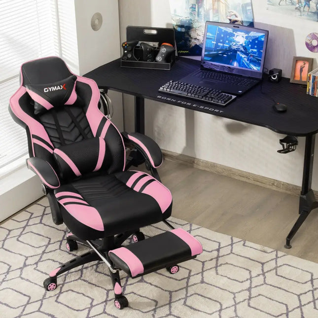 Adjustable Gaming Chair with Footrest for Home Office-Pink - Pink - Home Office