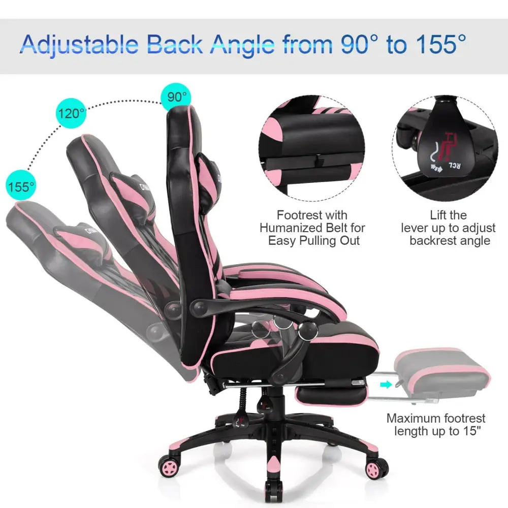 Adjustable Gaming Chair with Footrest for Home Office-Pink - Pink - Gaming Chairs