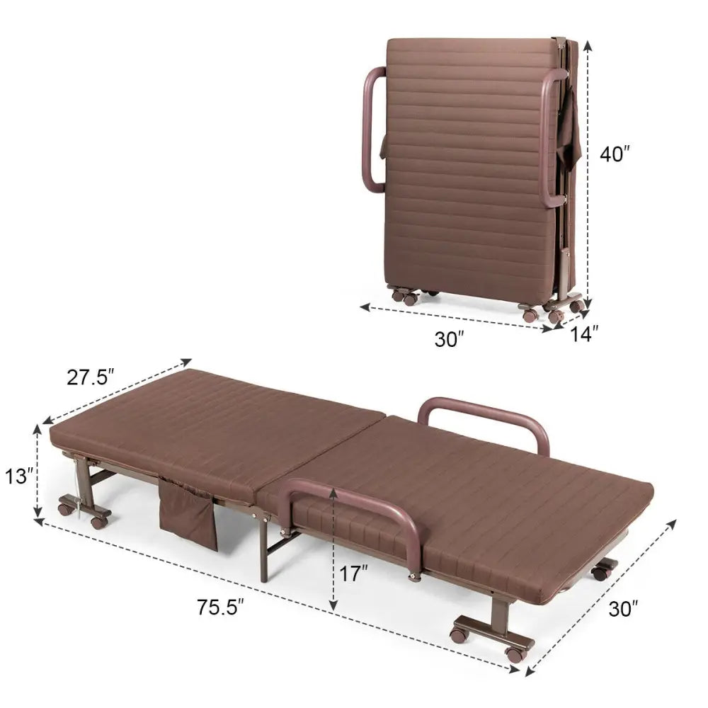 Adjustable Guest Single Bed Lounge Portable Wheels-Brown - Brown - Folding Beds