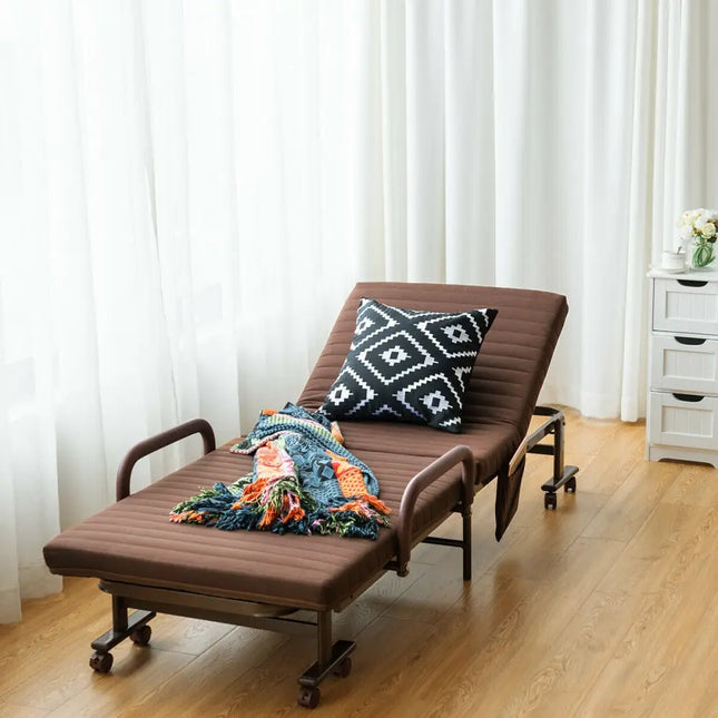 Adjustable Guest Single Bed Lounge Portable Wheels-Brown - Brown - Folding Beds