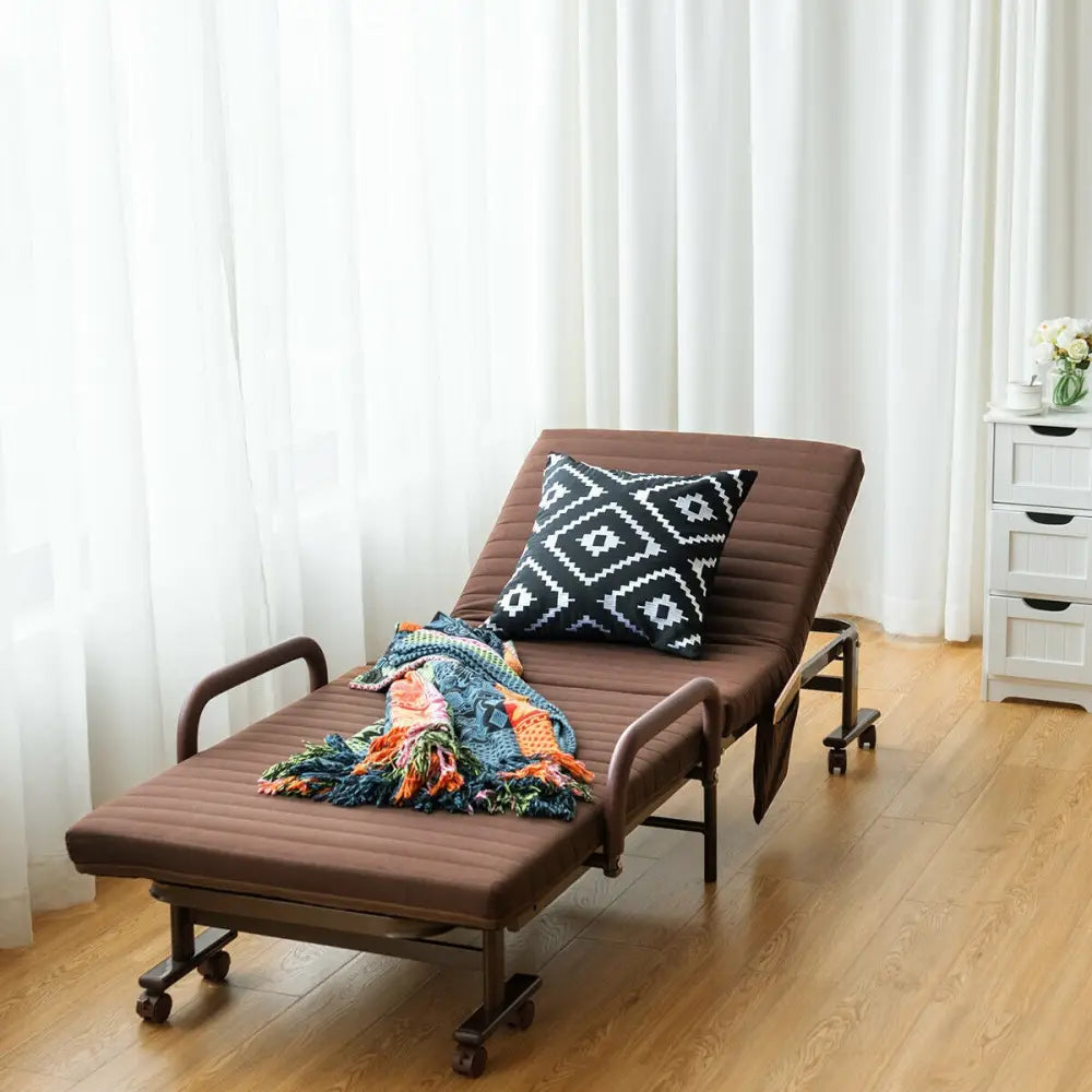 Adjustable Guest Single Bed Lounge Portable Wheels-Brown - Brown - Folding Beds
