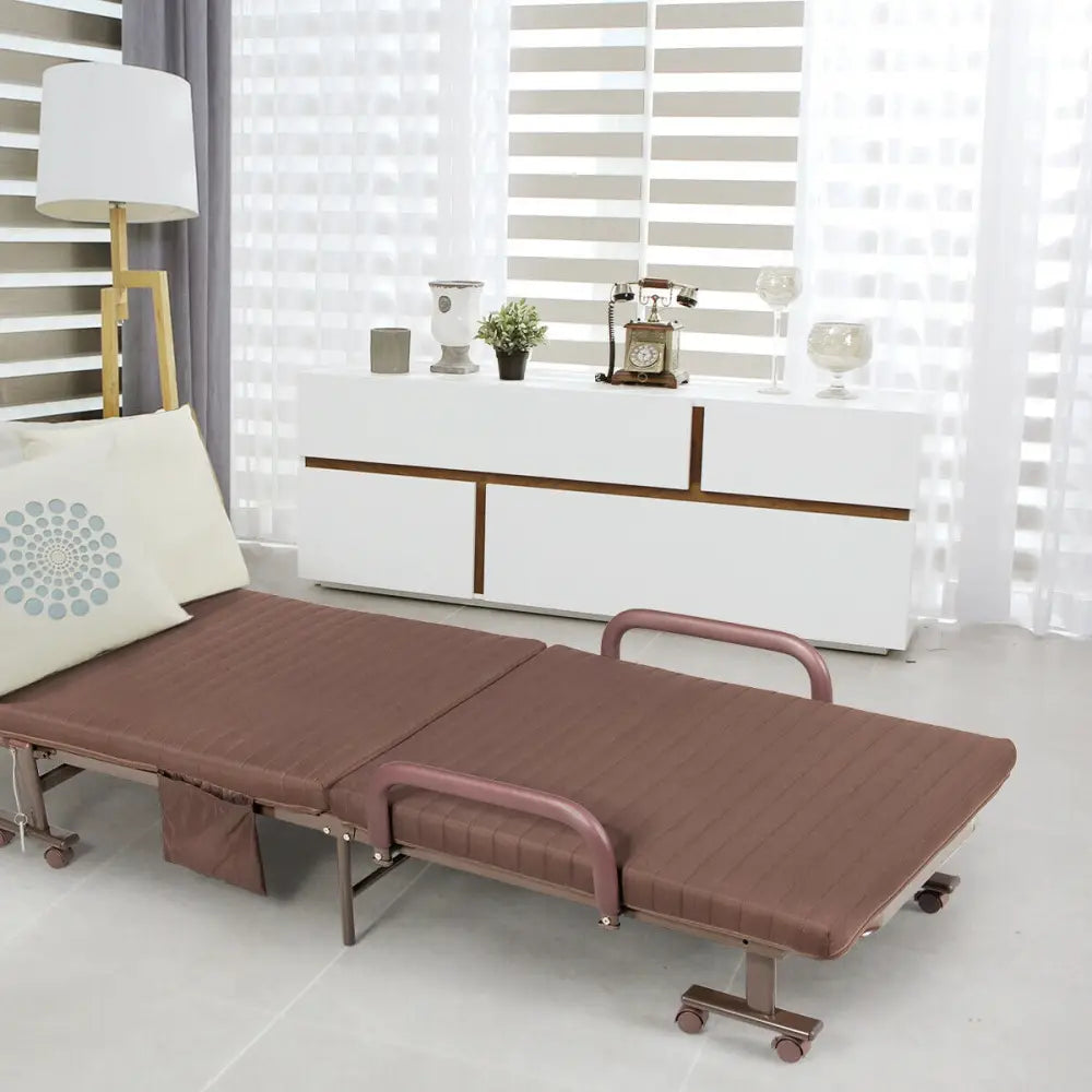 Adjustable Guest Single Bed Lounge Portable Wheels-Brown - Brown - Folding Beds