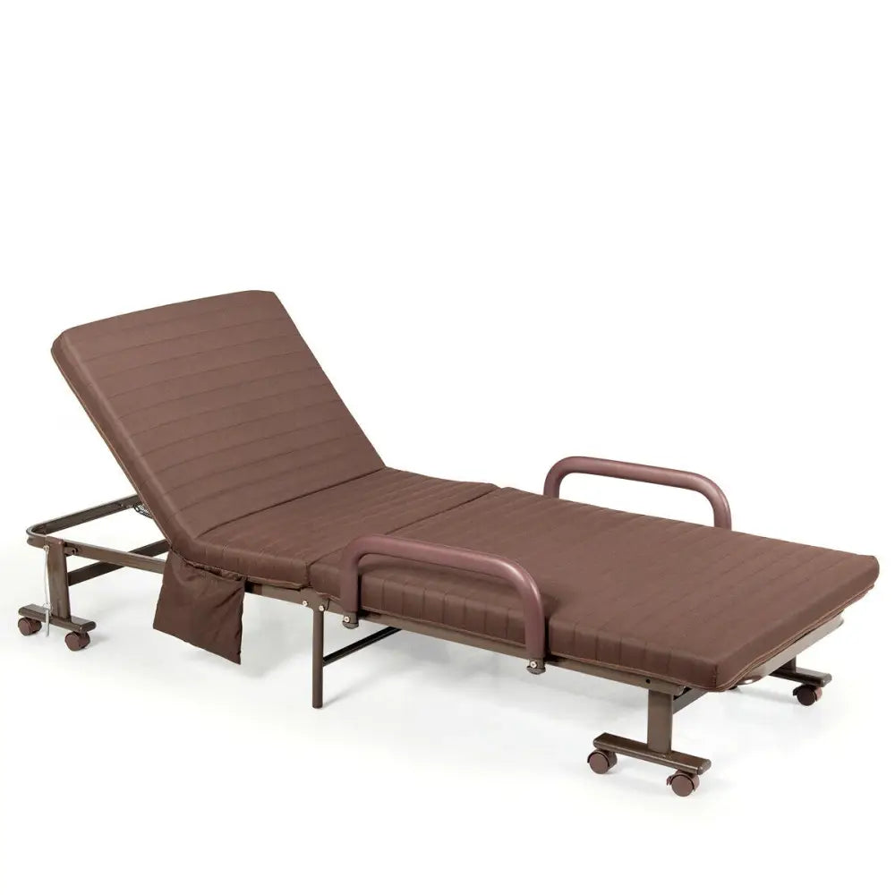 Adjustable Guest Single Bed Lounge Portable Wheels-Brown - Brown - Folding Beds