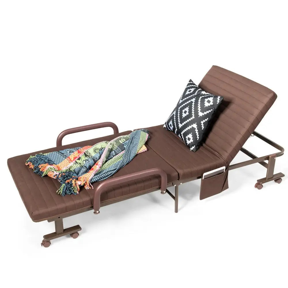 Adjustable Guest Single Bed Lounge Portable Wheels-Brown - Brown - Folding Beds