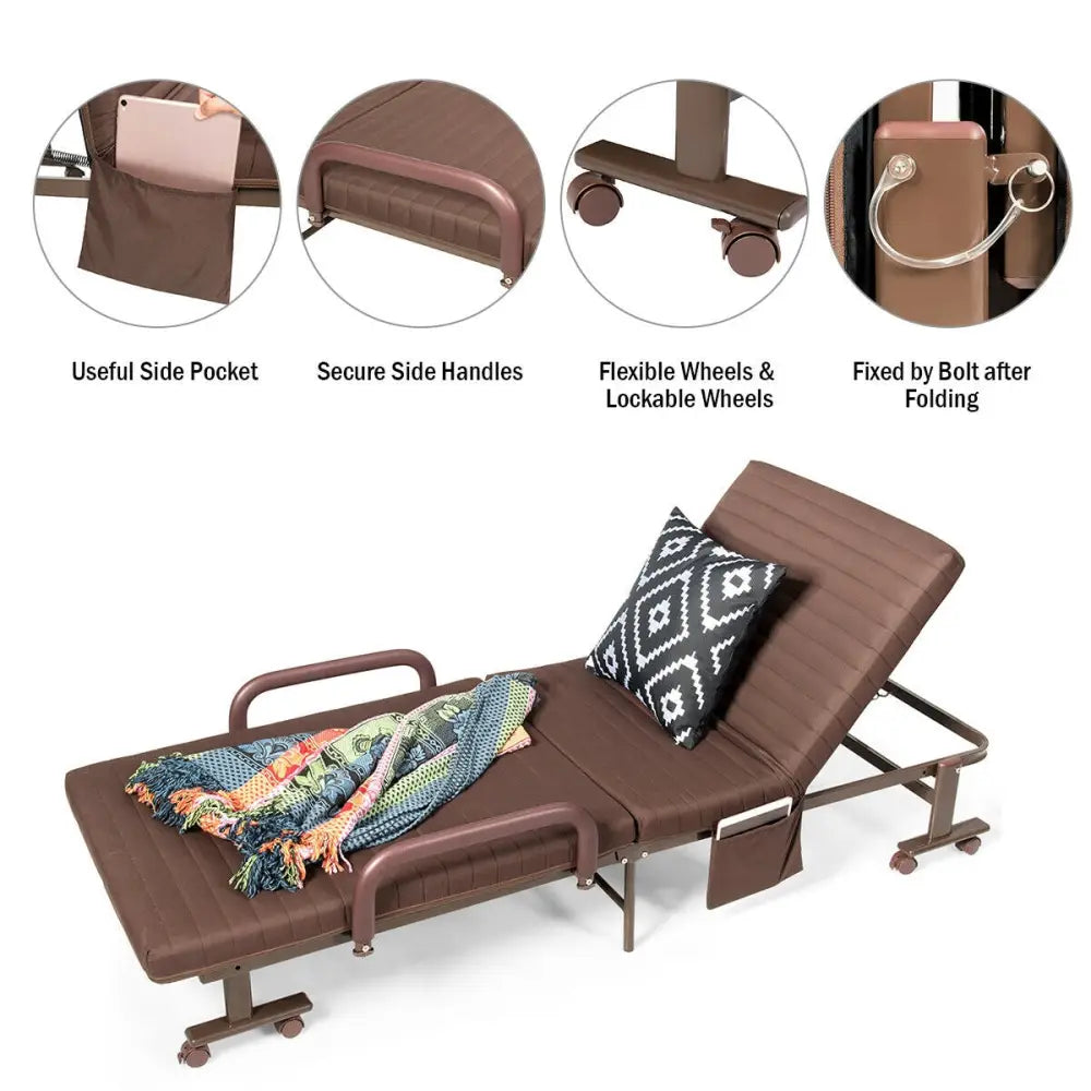 Adjustable Guest Single Bed Lounge Portable Wheels-Brown - Brown - Folding Beds