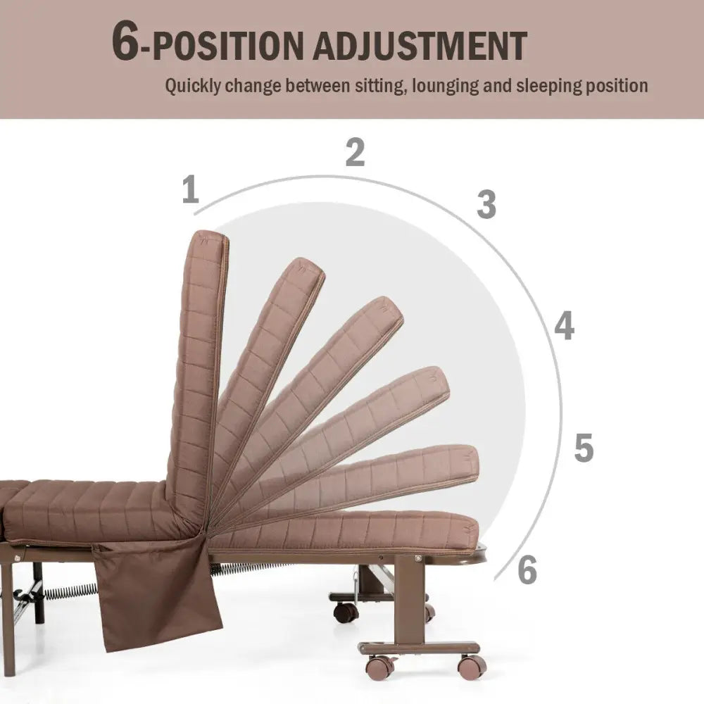 Adjustable Guest Single Bed Lounge Portable Wheels-Brown - Brown - Folding Beds