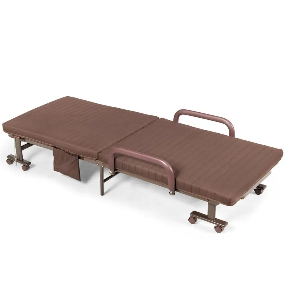 Adjustable Guest Single Bed Lounge Portable Wheels-Brown - Brown - Folding Beds