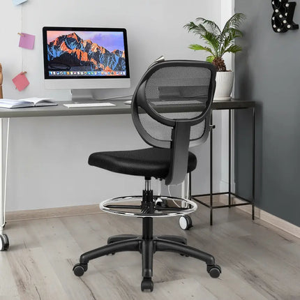 Adjustable Height Mid Back Mesh Drafting Office Chair - Black - Mesh Chairs