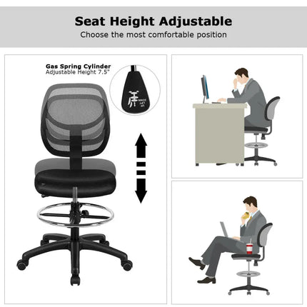 Adjustable Height Mid Back Mesh Drafting Office Chair - Black - Mesh Chairs