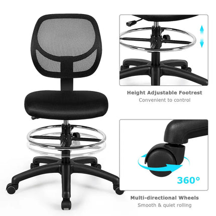 Adjustable Height Mid Back Mesh Drafting Office Chair - Black - Mesh Chairs