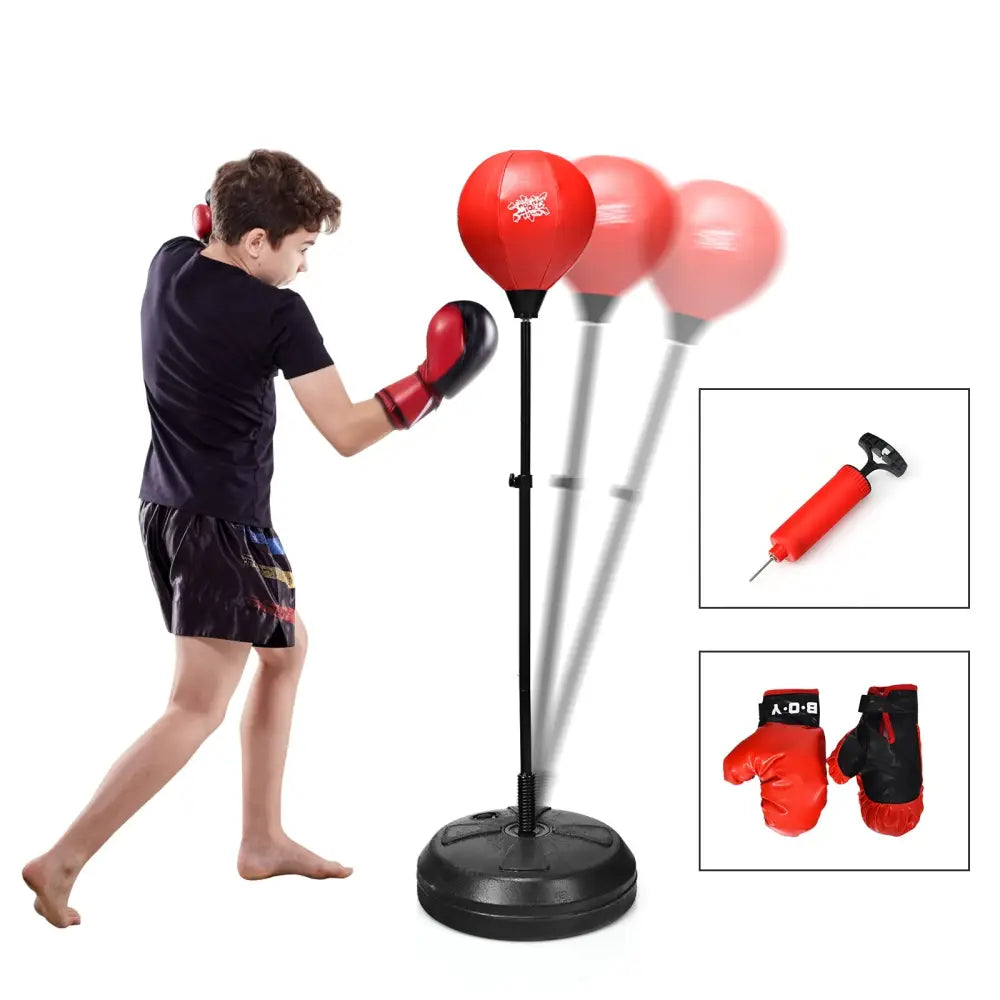 Adjustable Height Punching Bag with Stand Plus Boxing Gloves for Both Adults and Kids - Black & Red - Boxing & Martial
