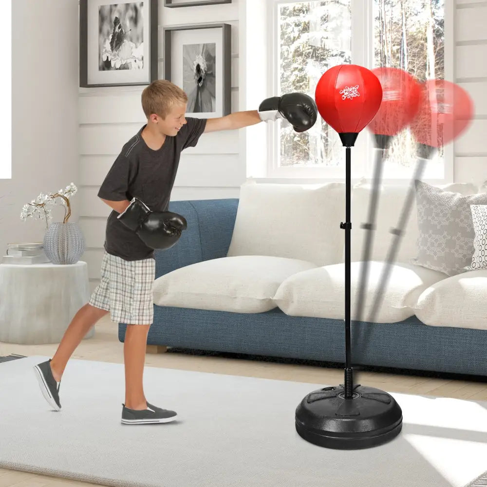 Adjustable Height Punching Bag with Stand Plus Boxing Gloves for Both Adults and Kids - Black & Red - Boxing & Martial