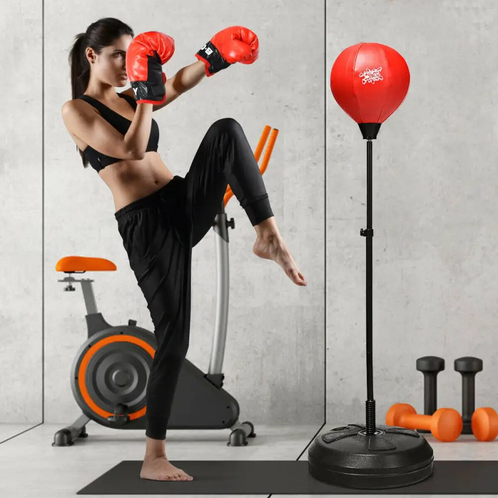 Adjustable Height Punching Bag with Stand Plus Boxing Gloves for Both Adults and Kids - Black & Red - Boxing & Martial