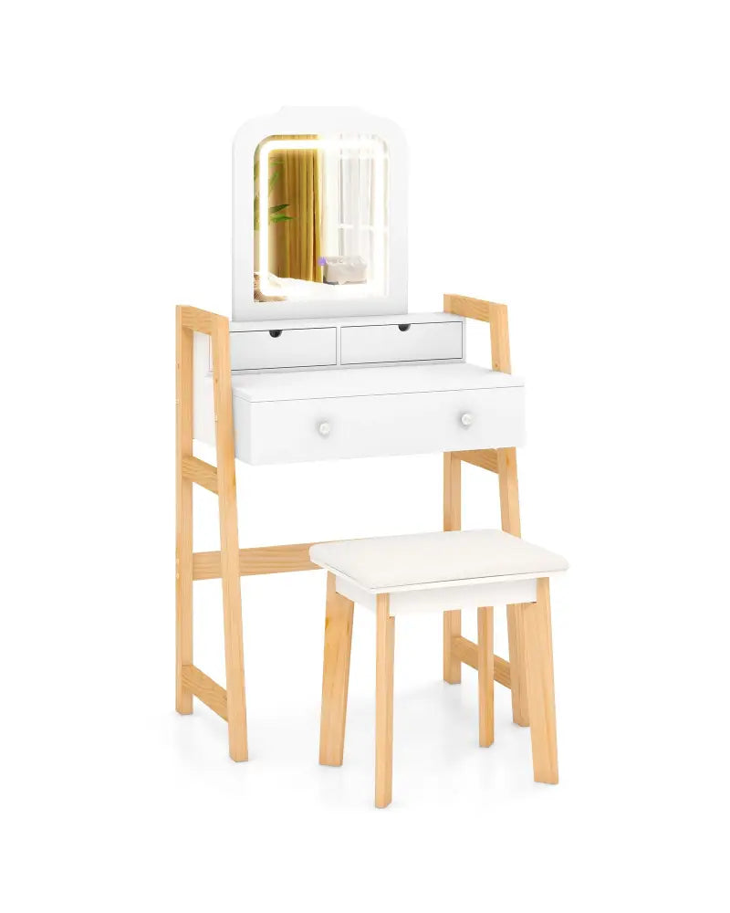 Adjustable Height Vanity Desk Set with 3-Color LED Lighted Mirror and Drawers-White - White - Makeup Vanities