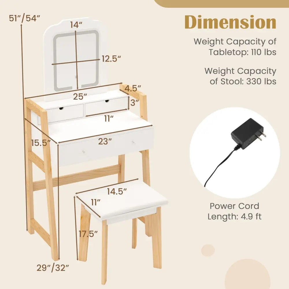 Adjustable Height Vanity Desk Set with 3-Color LED Lighted Mirror and Drawers-White - White - Makeup Vanities