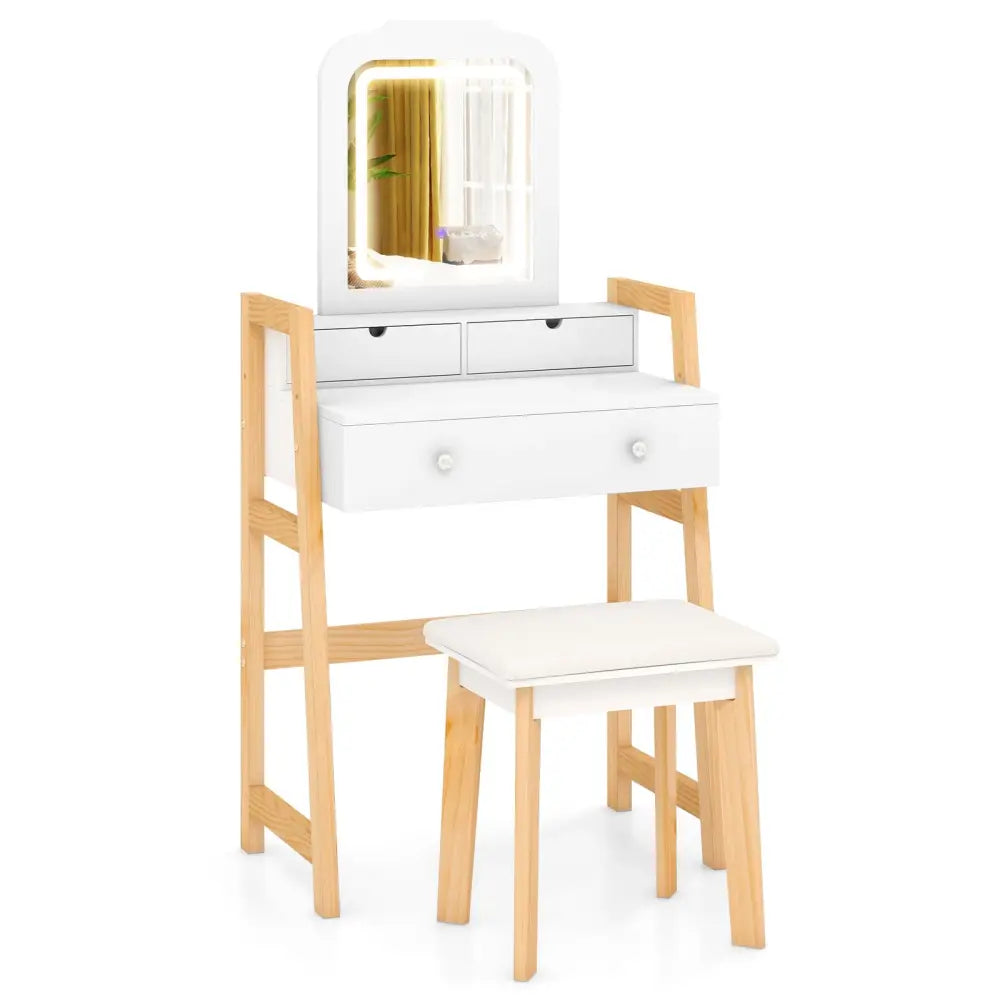 Adjustable Height Vanity Desk Set with 3-Color LED Lighted Mirror and Drawers-White - White - Makeup Vanities