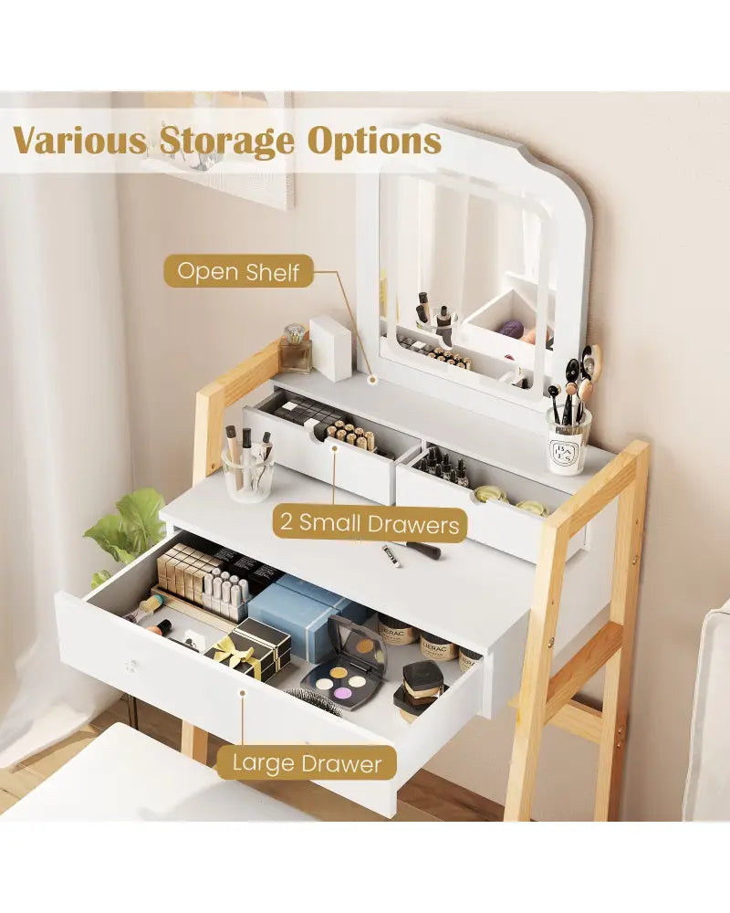 Adjustable Height Vanity Desk Set with 3-Color LED Lighted Mirror and Drawers-White - White - Makeup Vanities
