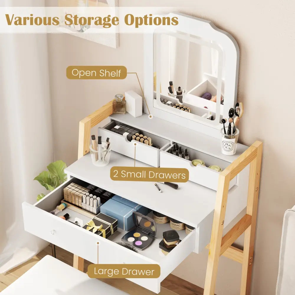 Adjustable Height Vanity Desk Set with 3-Color LED Lighted Mirror and Drawers-White - White - Makeup Vanities