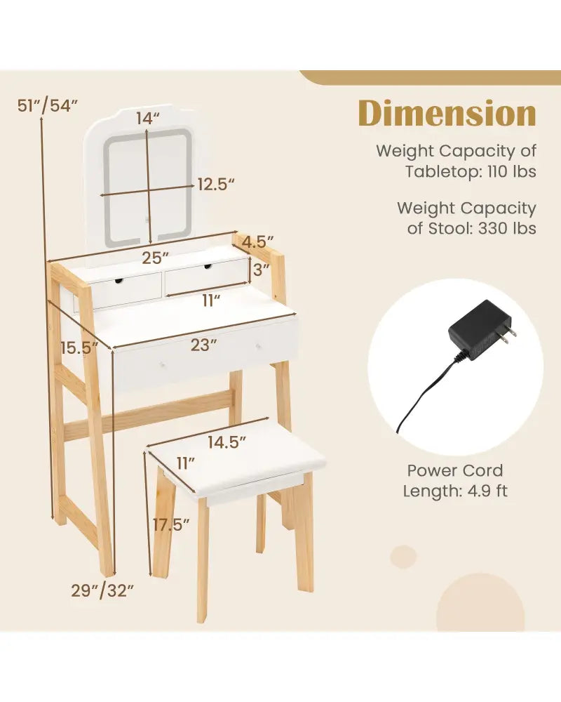 Adjustable Height Vanity Desk Set with 3-Color LED Lighted Mirror and Drawers-White - White - Makeup Vanities