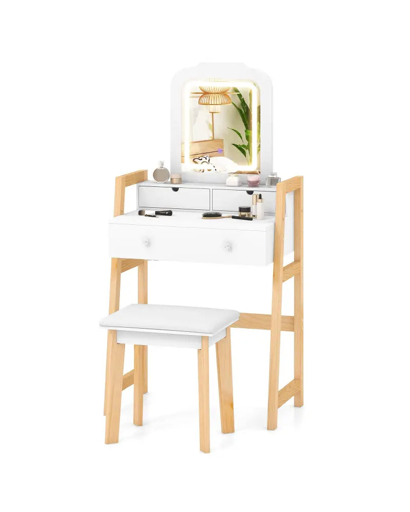 Adjustable Height Vanity Desk Set with 3-Color LED Lighted Mirror and Drawers-White - White - Makeup Vanities