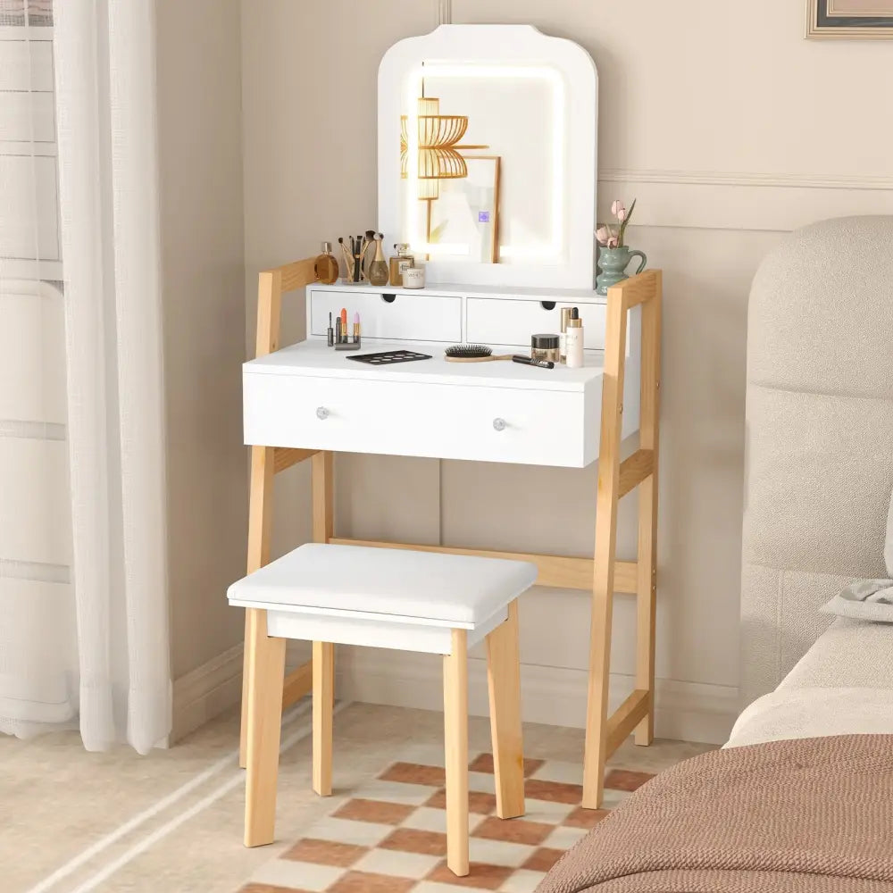 Adjustable Height Vanity Desk Set with 3-Color LED Lighted Mirror and Drawers-White - White - Makeup Vanities