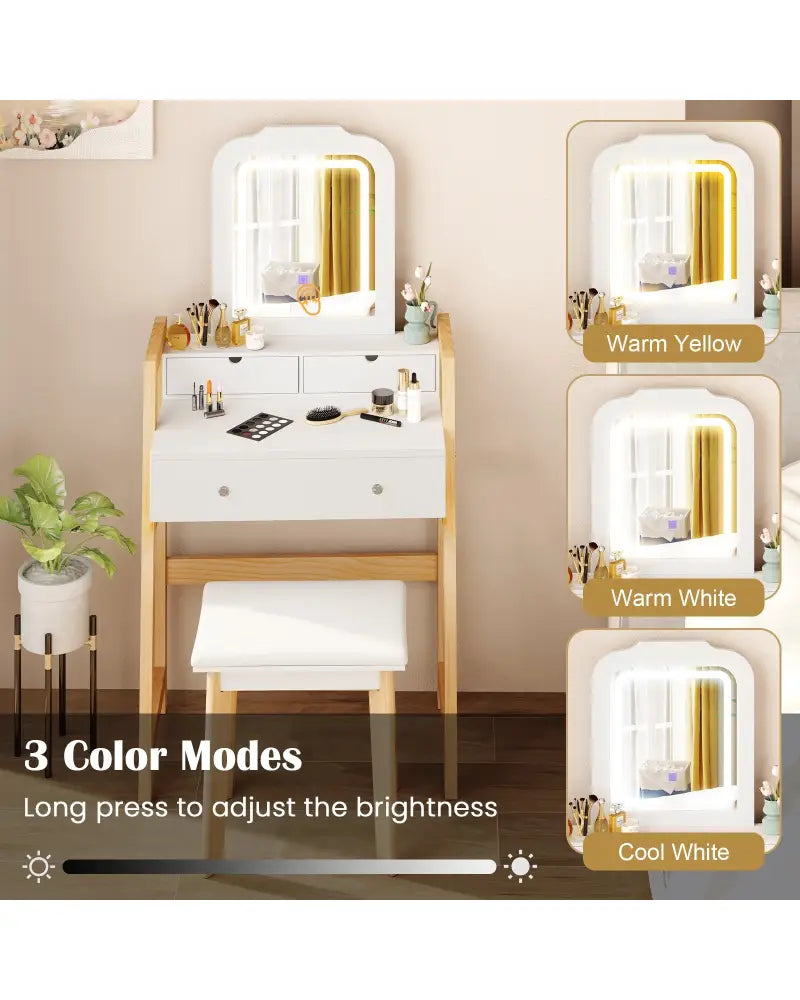 Adjustable Height Vanity Desk Set with 3-Color LED Lighted Mirror and Drawers-White - White - Makeup Vanities
