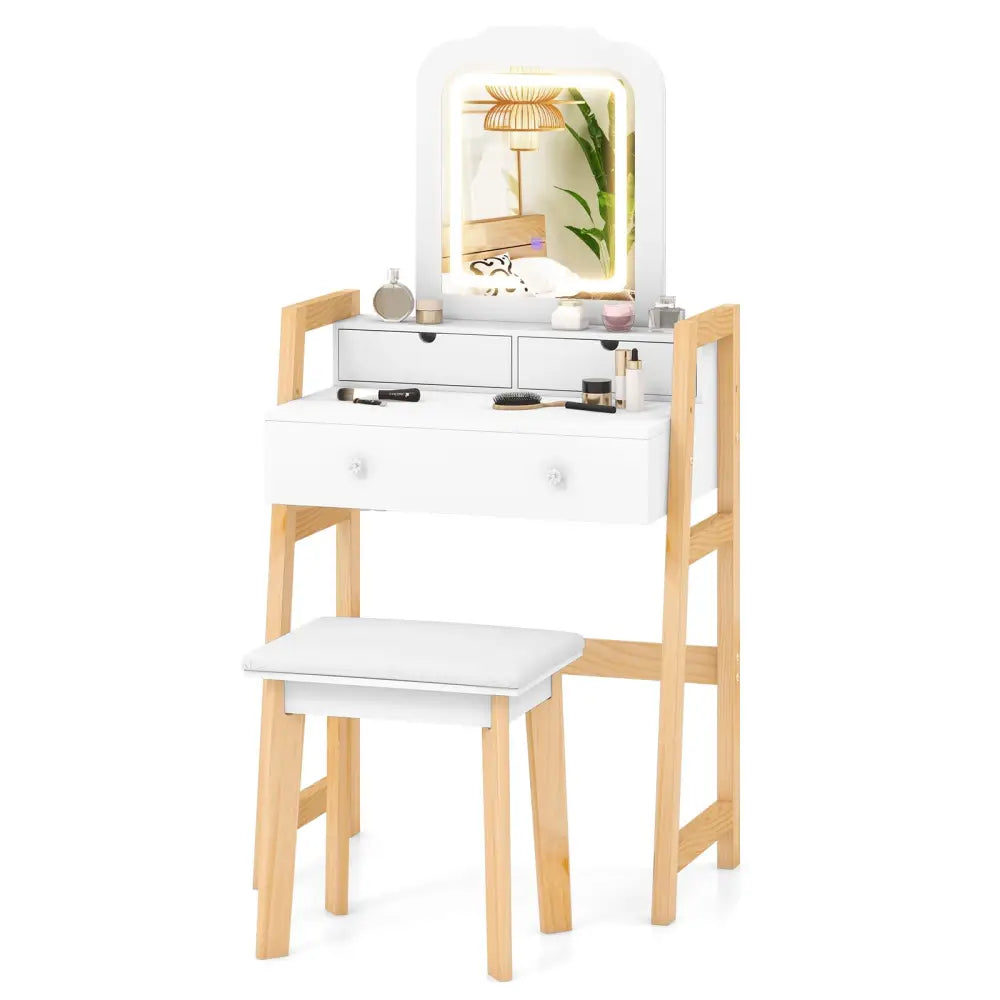 Adjustable Height Vanity Desk Set with 3-Color LED Lighted Mirror and Drawers-White - White - Makeup Vanities