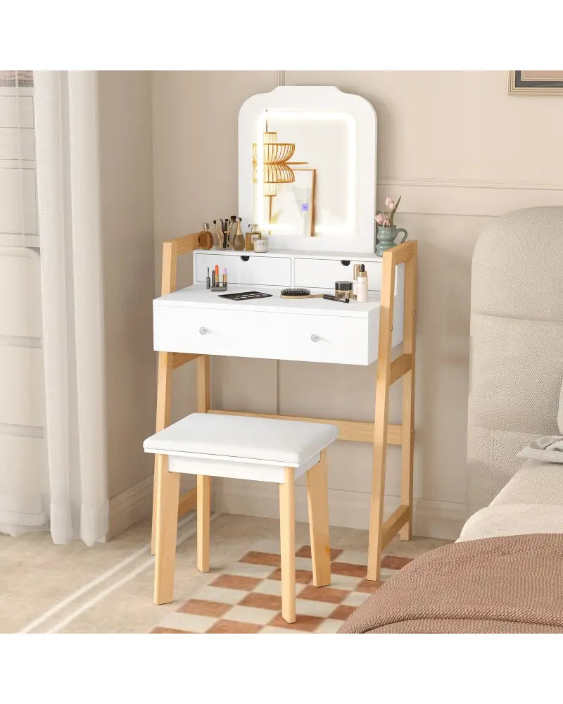 Adjustable Height Vanity Desk Set with 3-Color LED Lighted Mirror and Drawers-White - White - Makeup Vanities