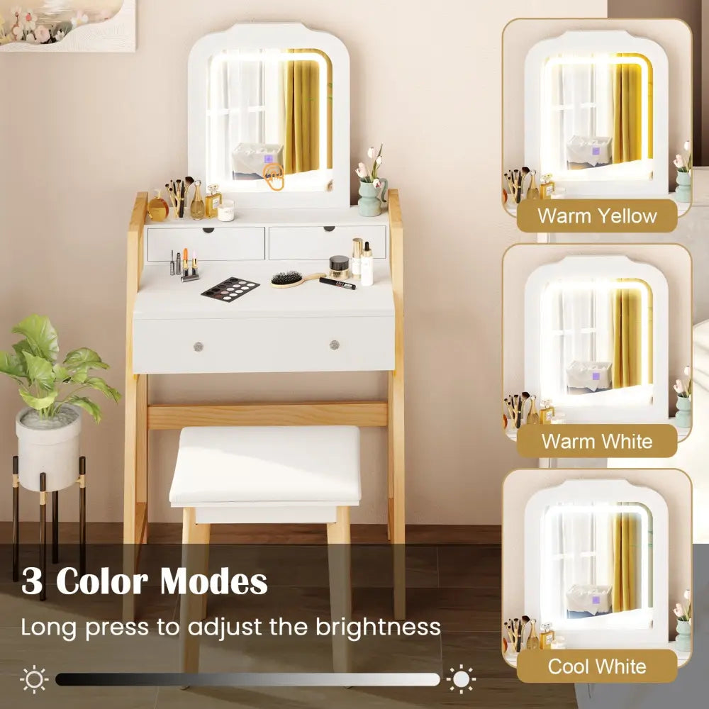 Adjustable Height Vanity Desk Set with 3-Color LED Lighted Mirror and Drawers-White - White - Makeup Vanities